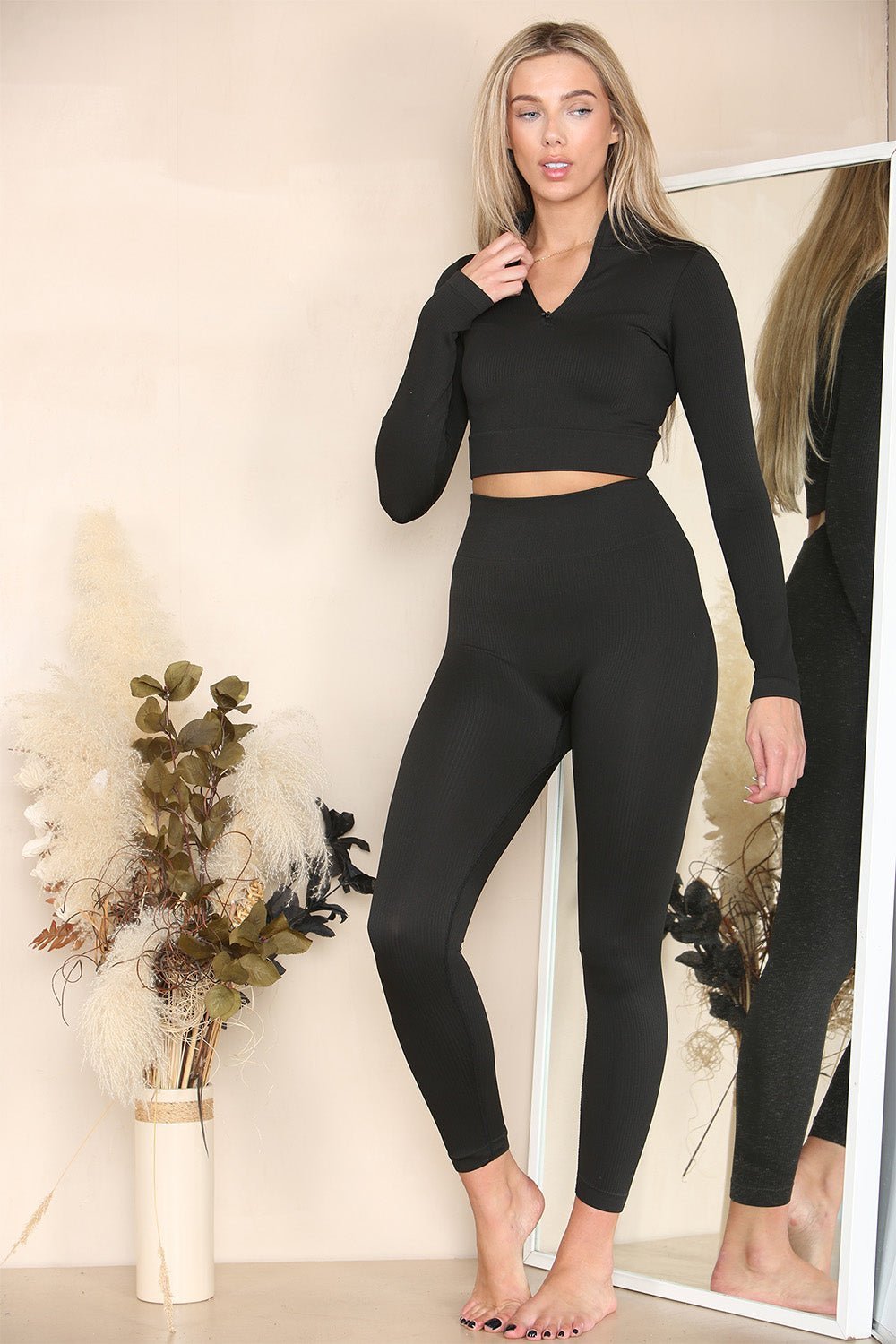 Ribbed Tracksuit Two Piece Set With Half Zip Detail Gym Loungewear