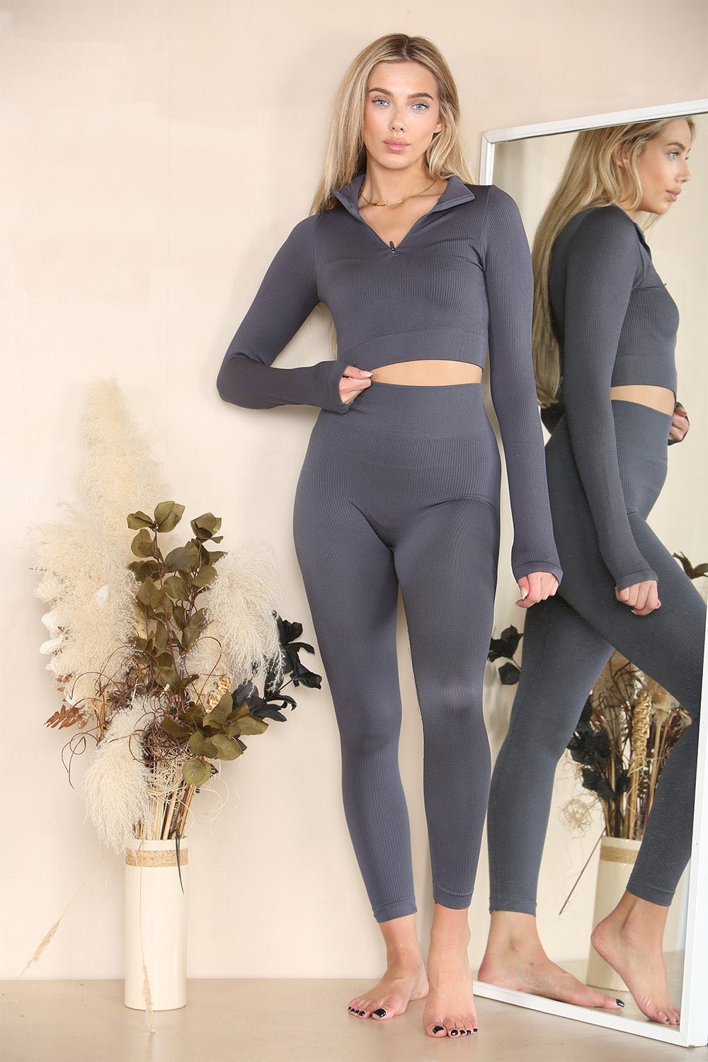 Ribbed Tracksuit Two Piece Set With Half Zip Detail Gym Loungewear
