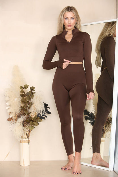 Ribbed Tracksuit Two Piece Set With Half Zip Detail Gym Loungewear