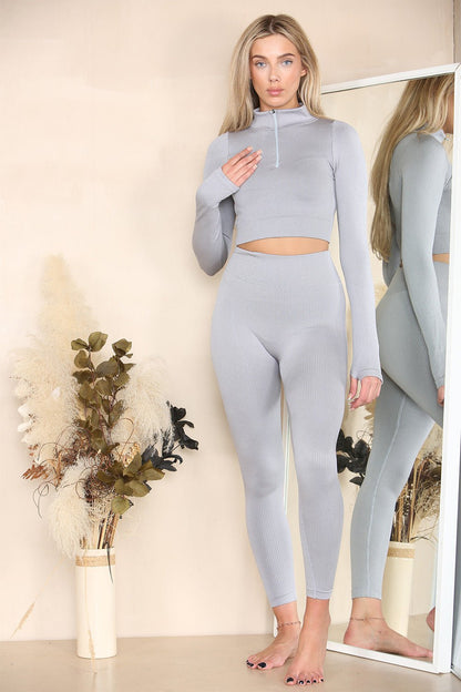 Ribbed Tracksuit Two Piece Set With Half Zip Detail Gym Loungewear
