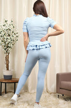 Short Sleeves Two Piece Suit with Ribbed Legging Co-Ord Top Gold Butto