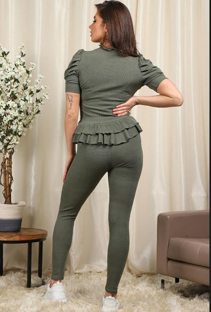 Short Sleeves Two Piece Suit with Ribbed Legging Co-Ord Top Gold Butto