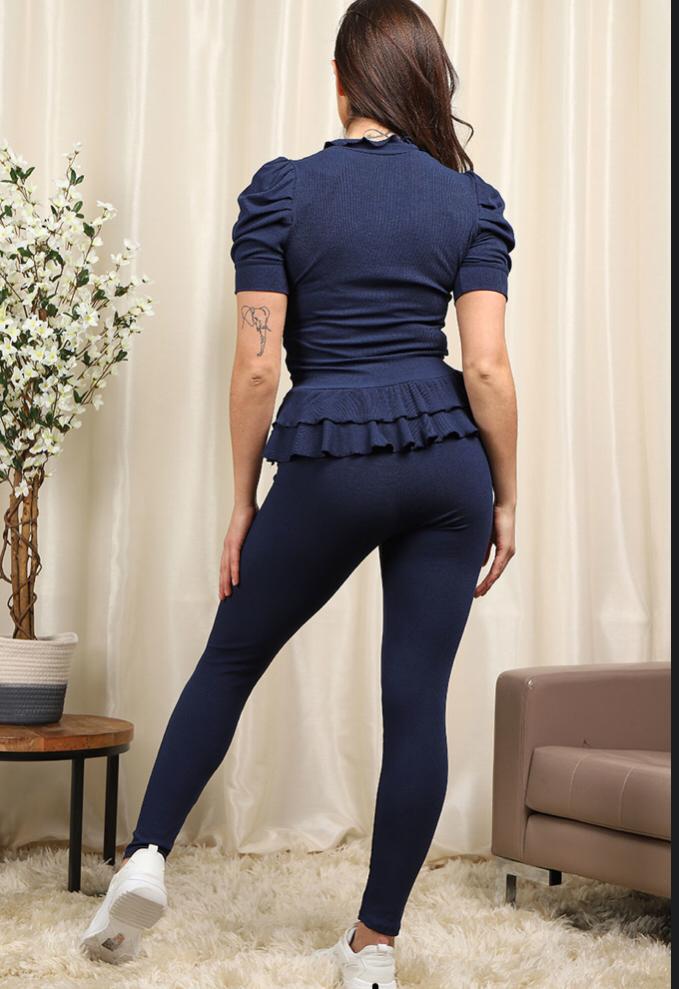 Short Sleeves Two Piece Suit with Ribbed Legging Co-Ord Top Gold Butto