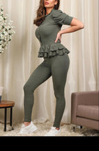 Short Sleeves Two Piece Suit with Ribbed Legging Co-Ord Top Gold Butto