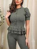 Short Sleeves Two Piece Suit with Ribbed Legging Co-Ord Top Gold Butto