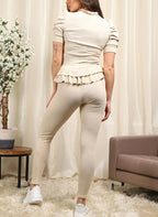 Short Sleeves Two Piece Suit with Ribbed Legging Co-Ord Top Gold Butto