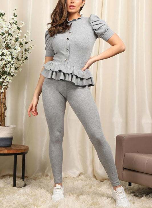 Short Sleeves Two Piece Suit with Ribbed Legging Co-Ord Top Gold Button Frill Hem Peplum Ribbed Lounge Set - Multi Trends