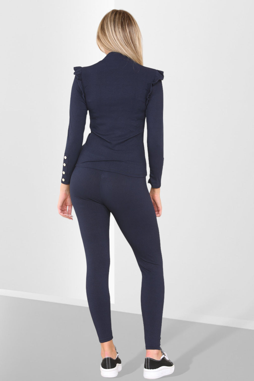 Side Buttons Frill Shoulder Side Neck Gold Button Detail Two Piece Loungewear Set - Multi Trends