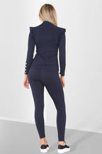 Side Buttons Frill Shoulder Side Neck Gold Button Detail Two Piece Loungewear Set - Multi Trends