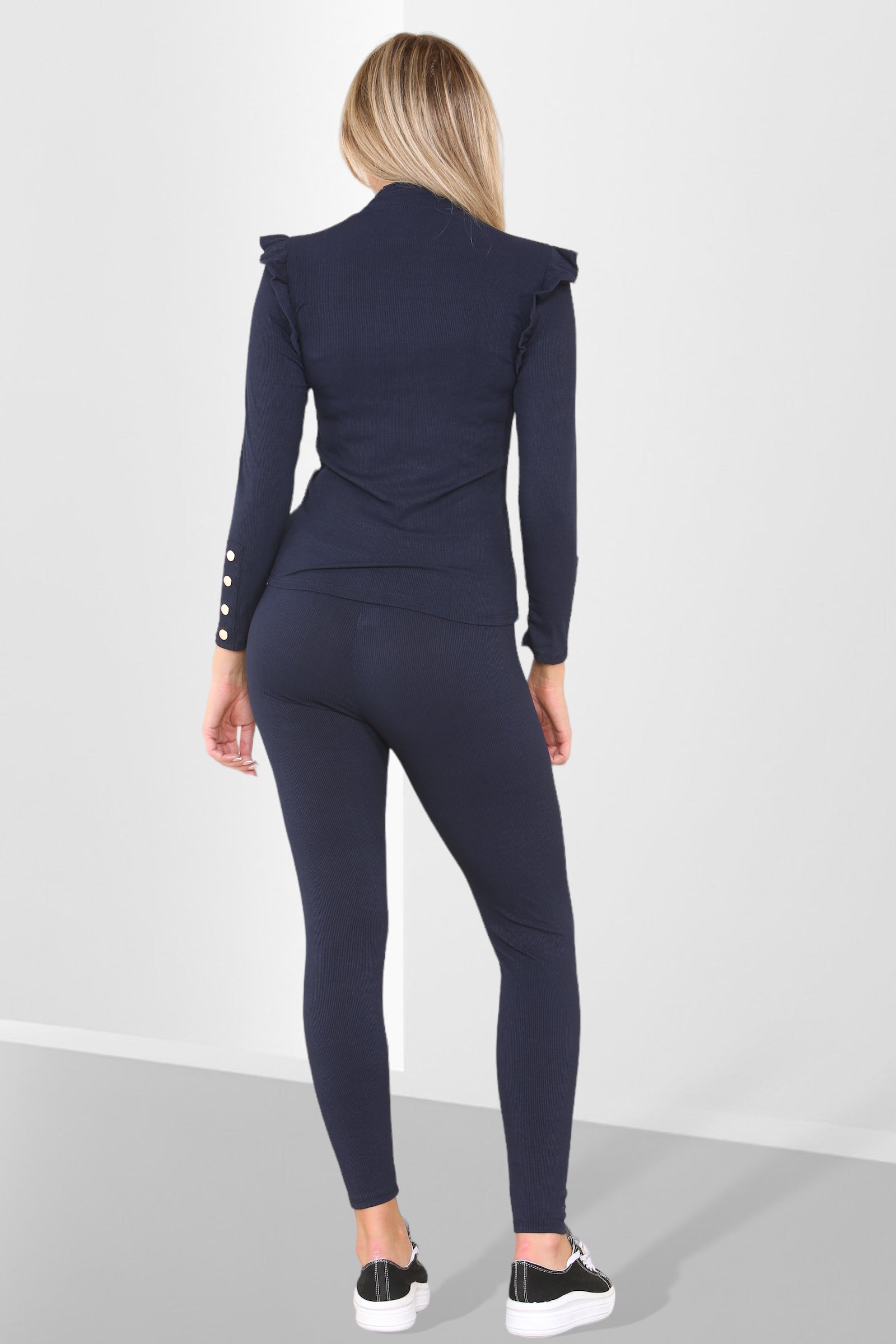 Side Buttons Frill Shoulder Side Neck Gold Button Detail Two Piece Loungewear Set - Multi Trends