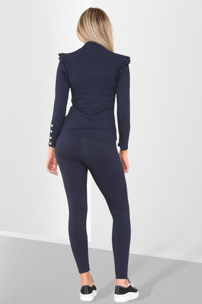 Side Buttons Frill Shoulder Side Neck Gold Button Detail Two Piece Loungewear Set - Multi Trends