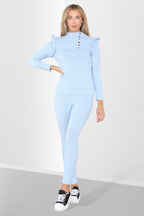Side Buttons Frill Shoulder Side Neck Gold Button Detail Two Piece Loungewear Set - Multi Trends