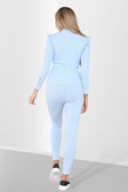 Side Buttons Frill Shoulder Side Neck Gold Button Detail Two Piece Loungewear Set - Multi Trends