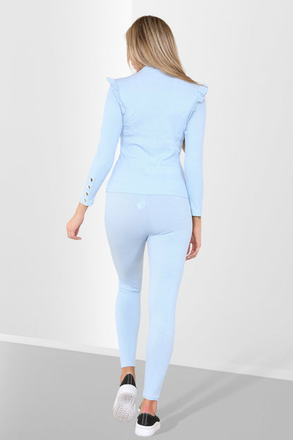 Side Buttons Frill Shoulder Side Neck Gold Button Detail Two Piece Loungewear Set - Multi Trends