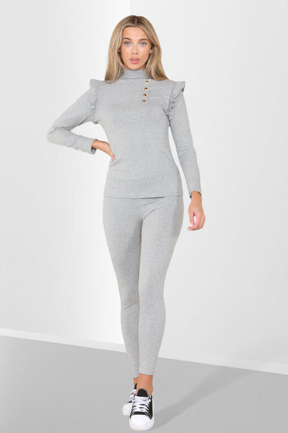 Side Buttons Frill Shoulder Side Neck Gold Button Detail Two Piece Loungewear Set - Multi Trends