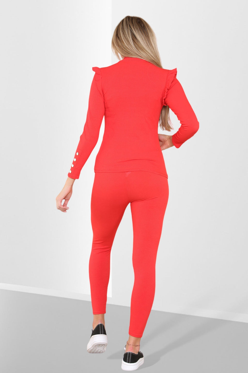 Side Buttons Frill Shoulder Side Neck Gold Button Detail Two Piece Loungewear Set - Multi Trends