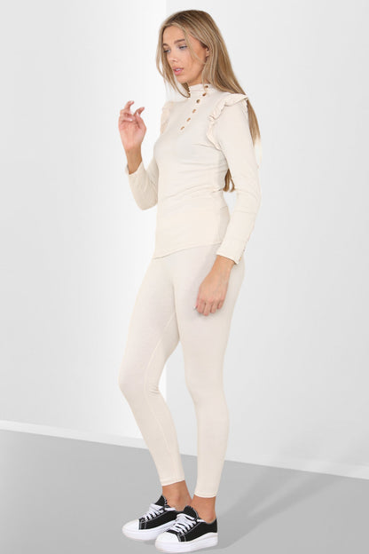 Side Buttons Frill Shoulder Side Neck Gold Button Detail Two Piece Loungewear Set - Multi Trends