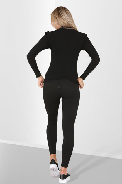 Side Buttons Frill Shoulder Side Neck Gold Button Detail Two Piece Loungewear Set - Multi Trends