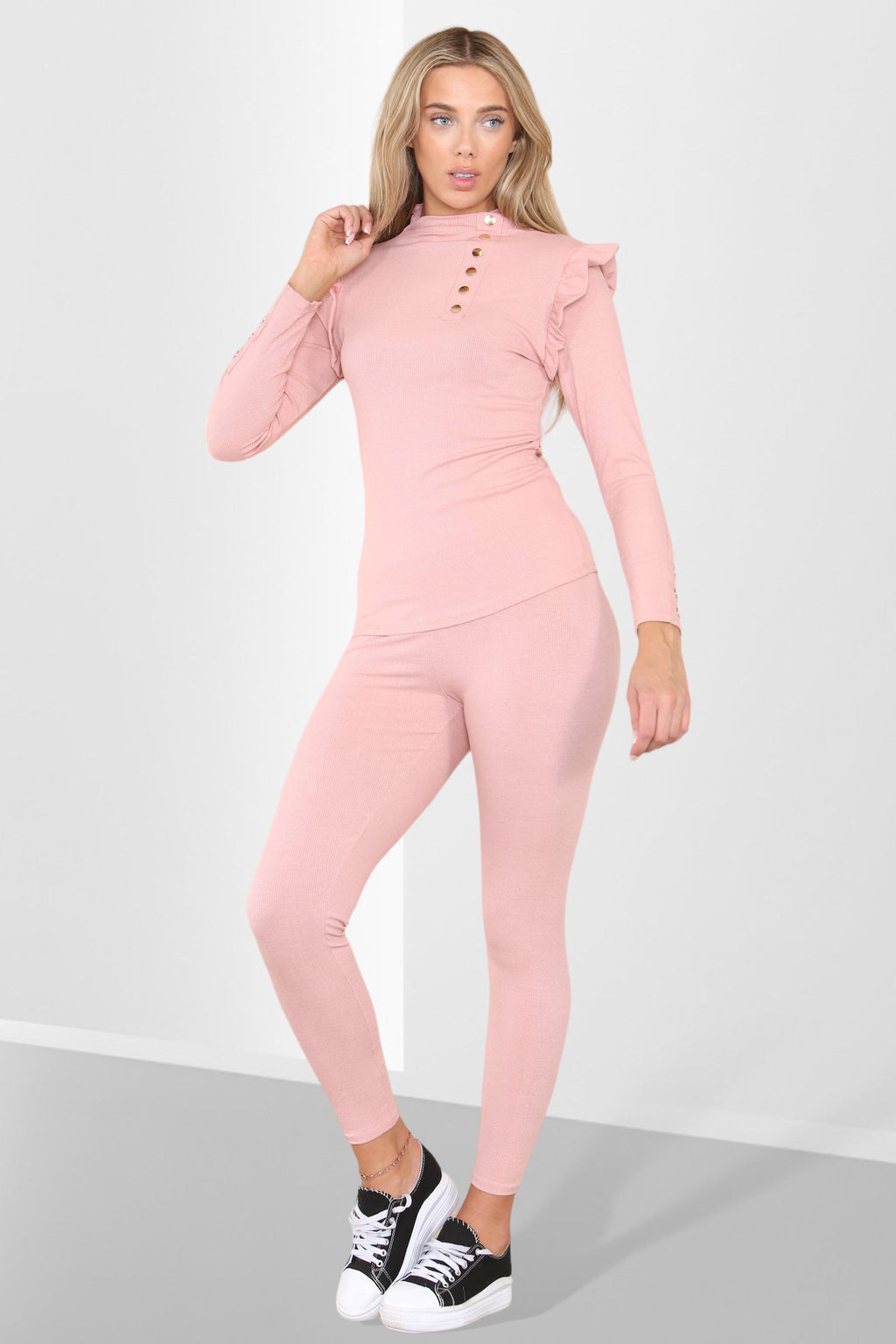 Side Buttons Frill Shoulder Side Neck Gold Button Detail Two Piece Loungewear Set - Multi Trends