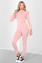 Side Buttons Frill Shoulder Side Neck Gold Button Detail Two Piece Loungewear Set - Multi Trends