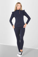 Side Buttons Frill Shoulder Side Neck Gold Button Detail Two Piece Loungewear Set - Multi Trends