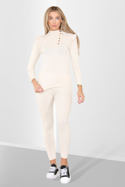 Side Buttons Frill Shoulder Side Neck Gold Button Detail Two Piece Loungewear Set - Multi Trends