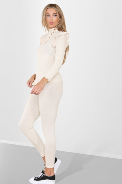 Side Buttons Frill Shoulder Side Neck Gold Button Detail Two Piece Loungewear Set - Multi Trends