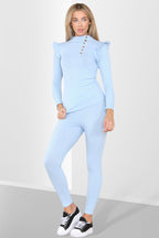 Side Buttons Frill Shoulder Side Neck Gold Button Detail Two Piece Loungewear Set - Multi Trends