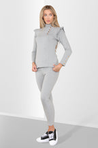 Side Buttons Frill Shoulder Side Neck Gold Button Detail Two Piece Loungewear Set - Multi Trends