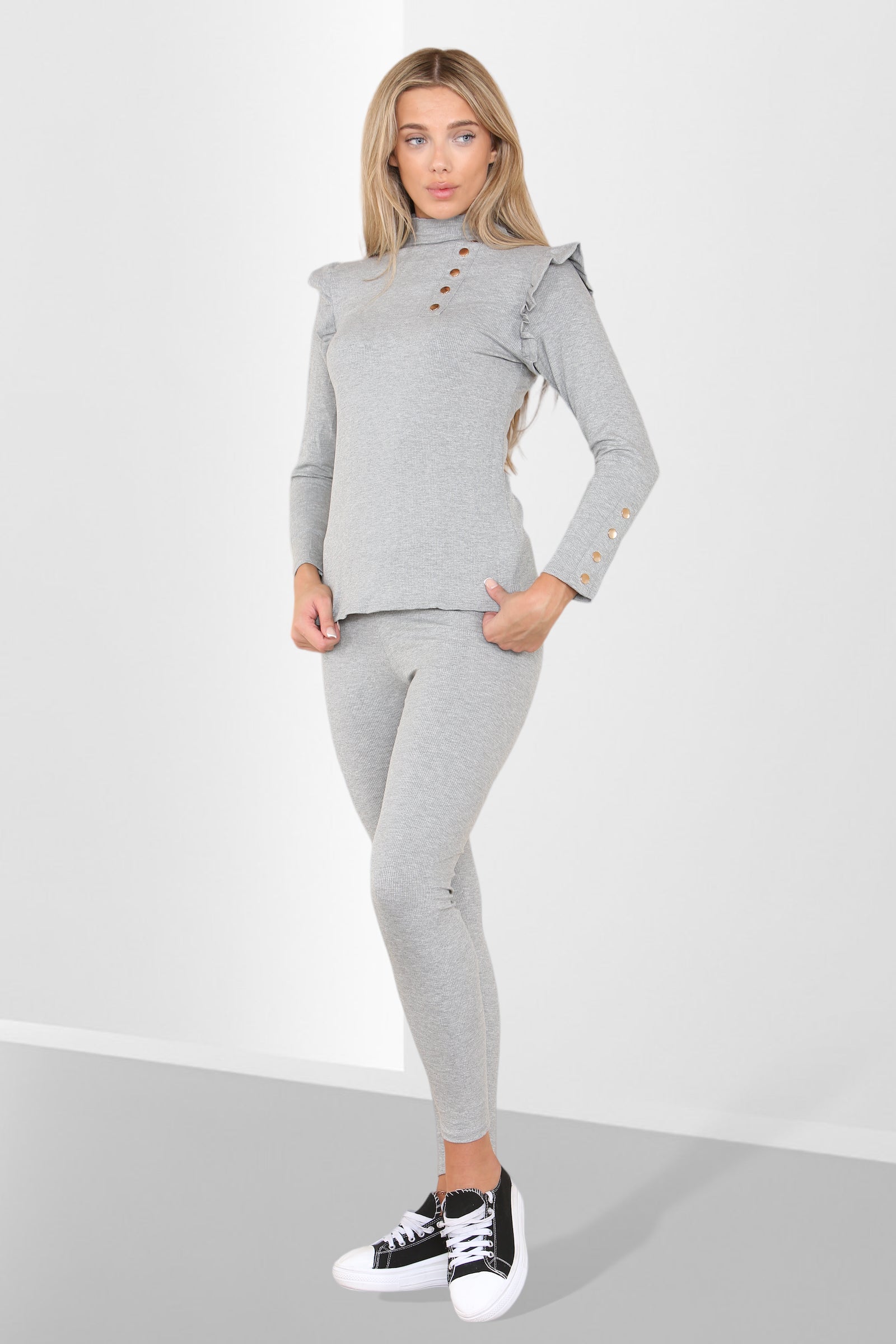 Side Buttons Frill Shoulder Side Neck Gold Button Detail Two Piece Loungewear Set - Multi Trends