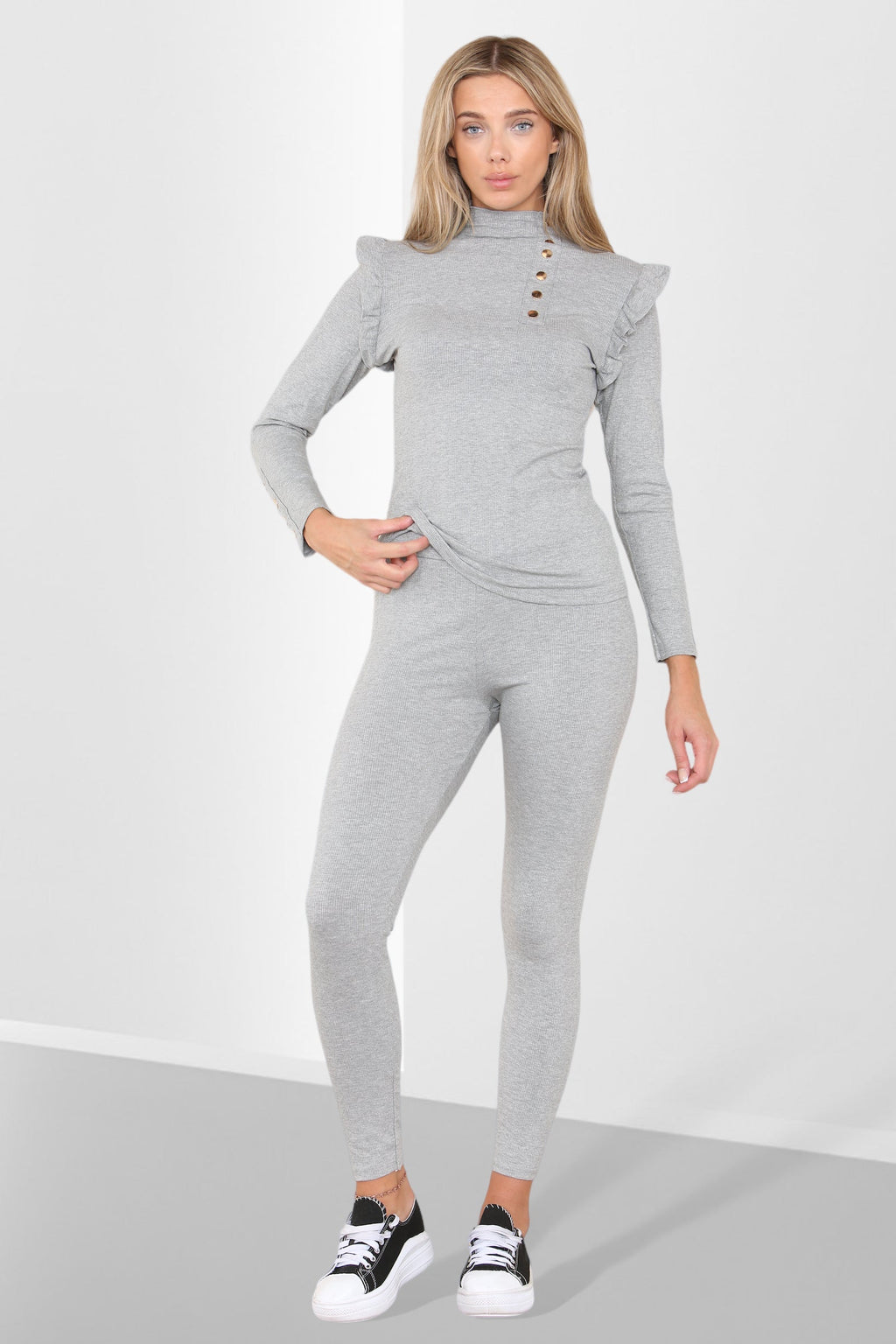 Side Buttons Frill Shoulder Side Neck Gold Button Detail Two Piece Loungewear Set - Multi Trends