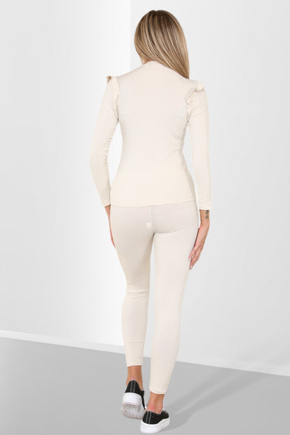 Side Buttons Frill Shoulder Side Neck Gold Button Detail Two Piece Loungewear Set - Multi Trends