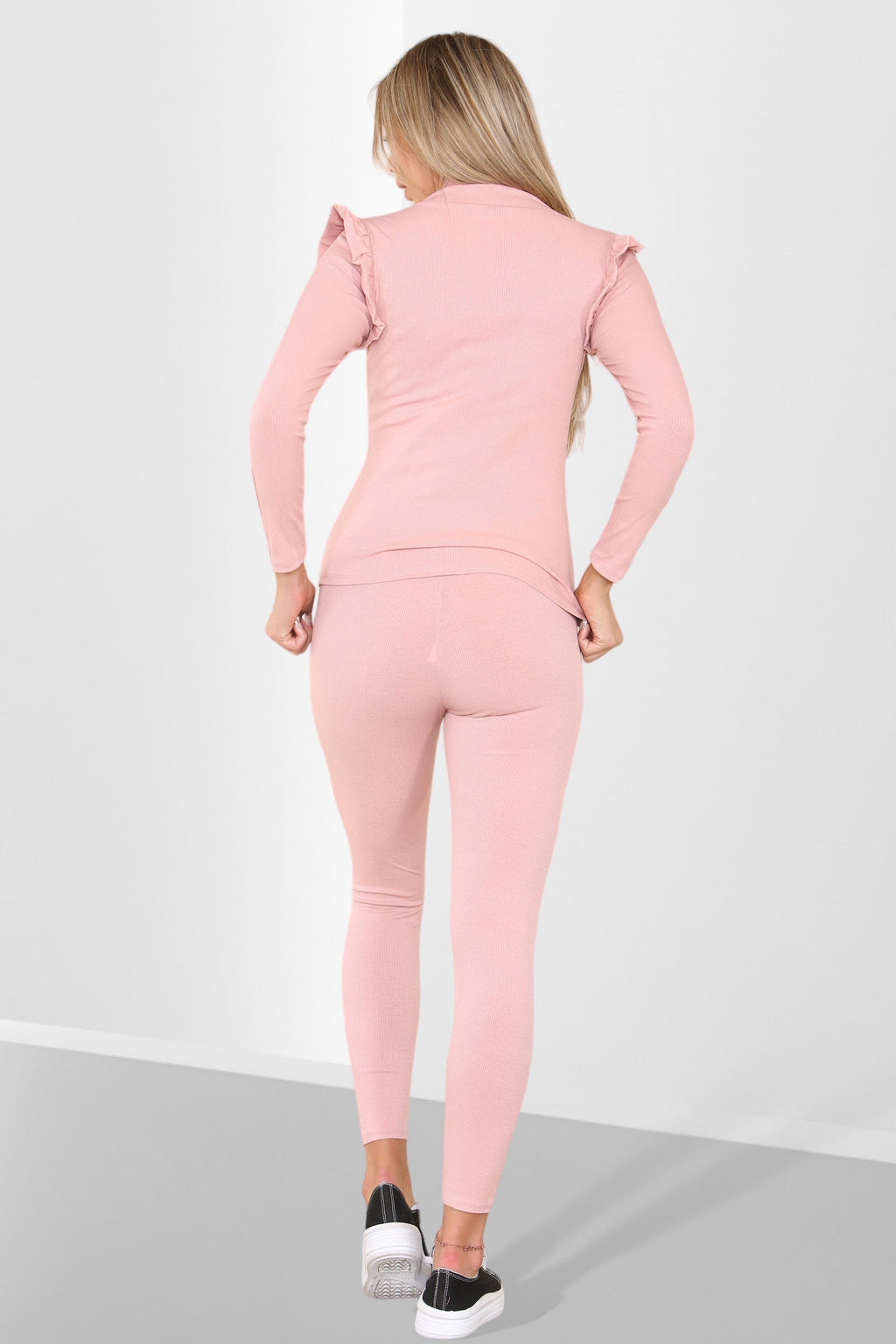 Side Buttons Frill Shoulder Side Neck Gold Button Detail Two Piece Loungewear Set - Multi Trends