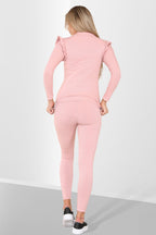 Side Buttons Frill Shoulder Side Neck Gold Button Detail Two Piece Loungewear Set - Multi Trends