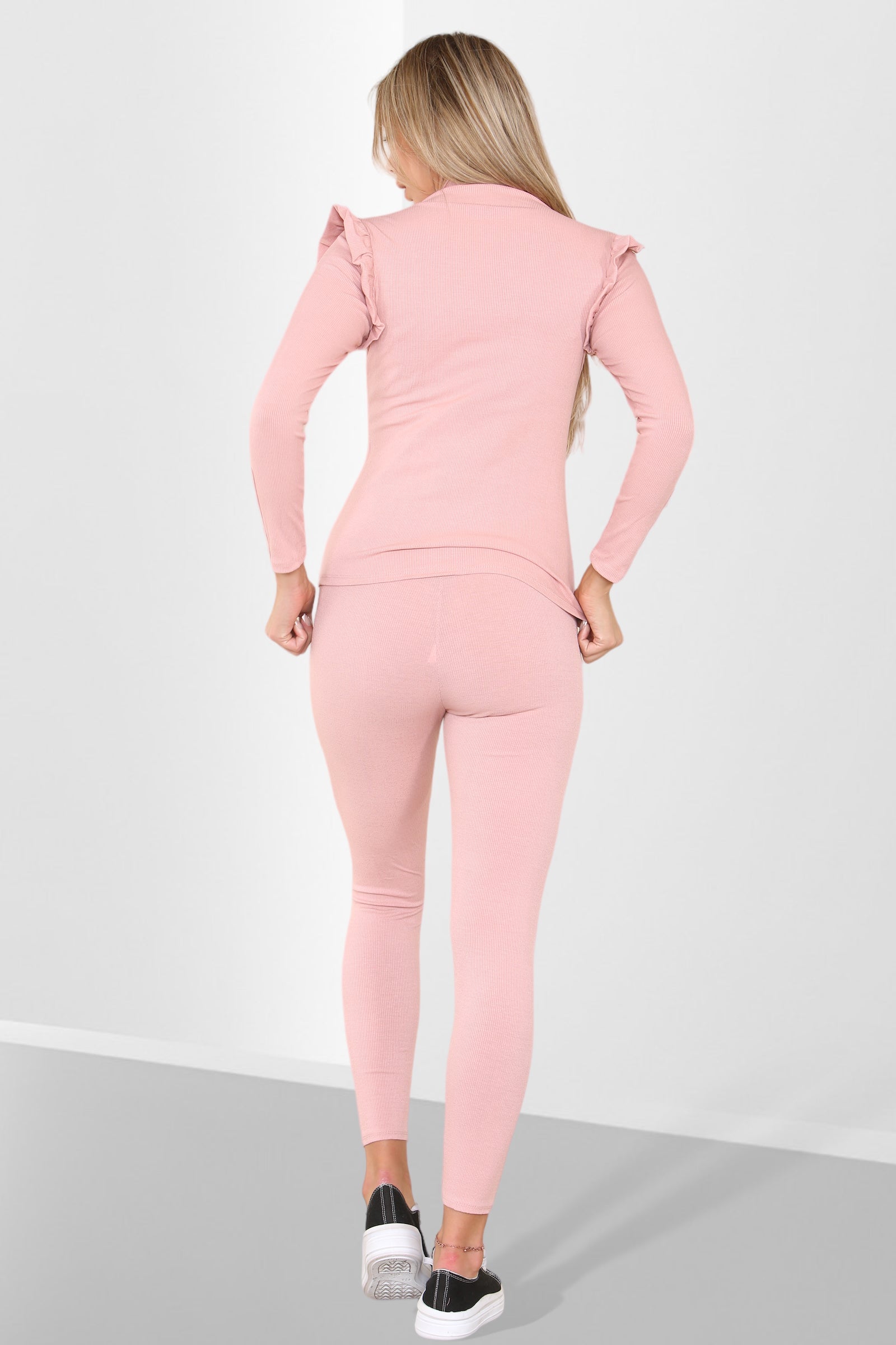 Side Buttons Frill Shoulder Side Neck Gold Button Detail Two Piece Loungewear Set - Multi Trends