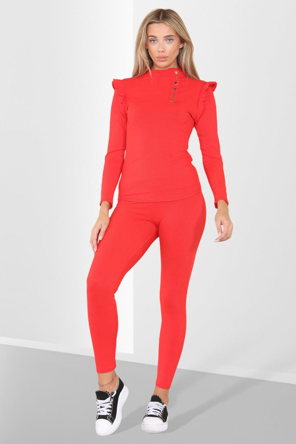 Side Buttons Frill Shoulder Side Neck Gold Button Detail Two Piece Loungewear Set - Multi Trends