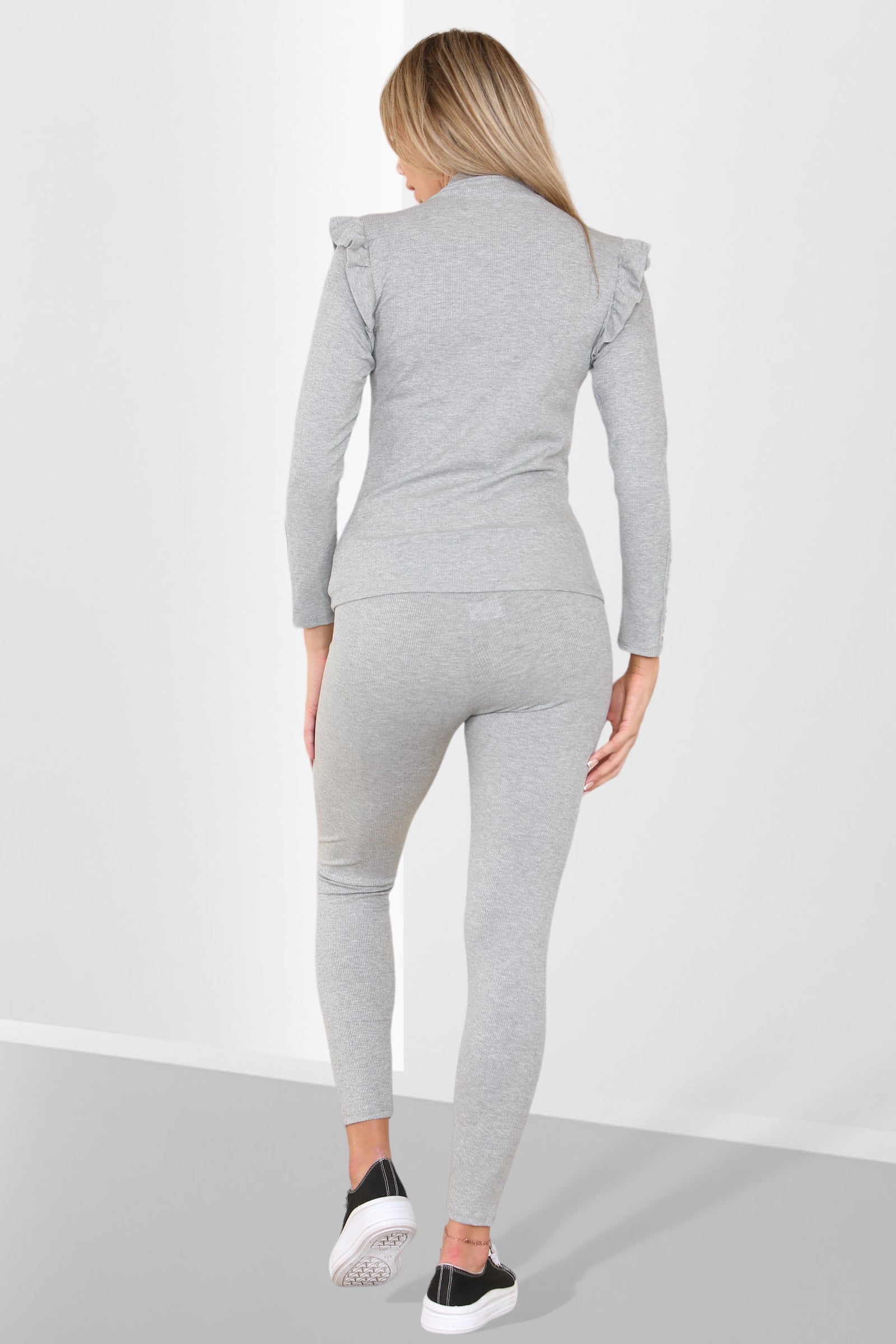 Side Buttons Frill Shoulder Side Neck Gold Button Detail Two Piece Loungewear Set - Multi Trends