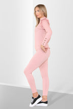 Side Buttons Frill Shoulder Side Neck Gold Button Detail Two Piece Loungewear Set - Multi Trends