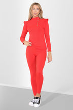 Side Buttons Frill Shoulder Side Neck Gold Button Detail Two Piece Loungewear Set - Multi Trends