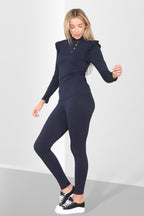 Side Buttons Frill Shoulder Side Neck Gold Button Detail Two Piece Loungewear Set - Multi Trends