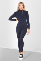 Side Buttons Frill Shoulder Side Neck Gold Button Detail Two Piece Loungewear Set - Multi Trends