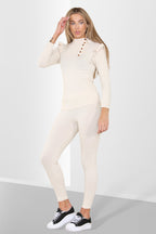 Side Buttons Frill Shoulder Side Neck Gold Button Detail Two Piece Loungewear Set - Multi Trends