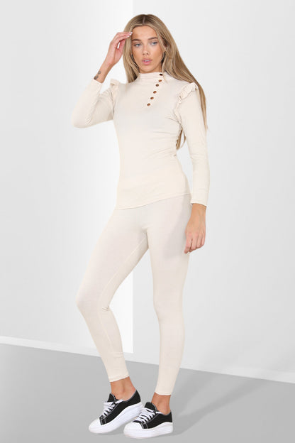 Side Buttons Frill Shoulder Side Neck Gold Button Detail Two Piece Loungewear Set - Multi Trends