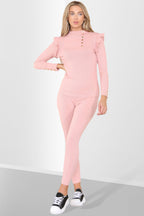 Side Buttons Frill Shoulder Side Neck Gold Button Detail Two Piece Loungewear Set - Multi Trends