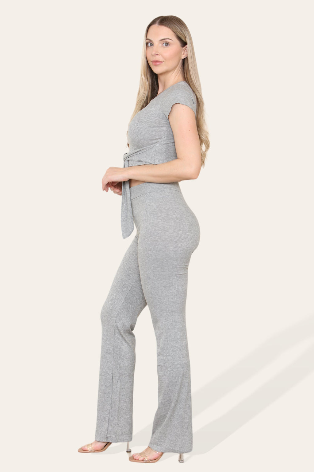 Tie Belt Front Cropped Loungewear Ribbed Trousers Set - Multi Trends