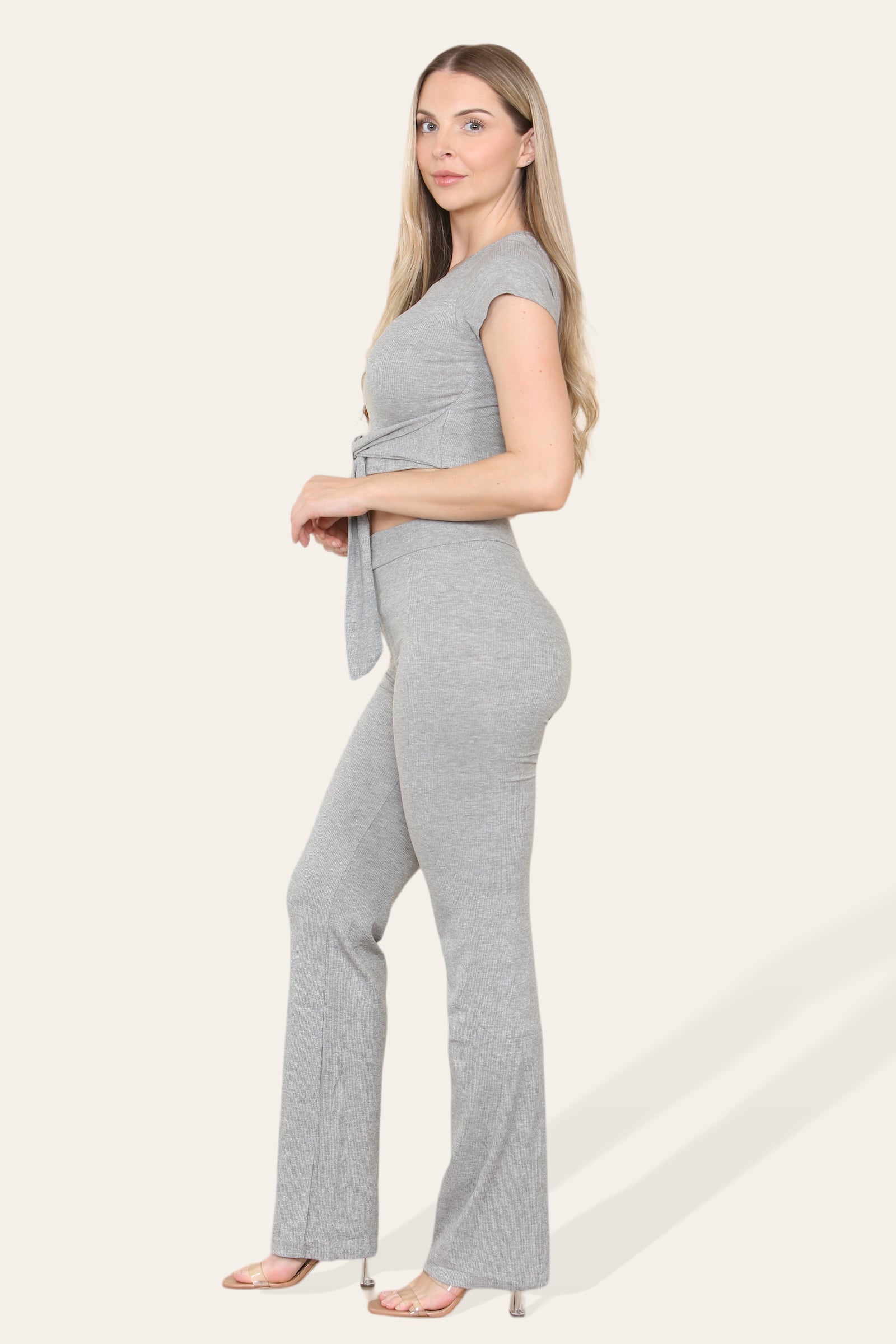 Tie Belt Front Cropped Loungewear Ribbed Trousers Set - Multi Trends