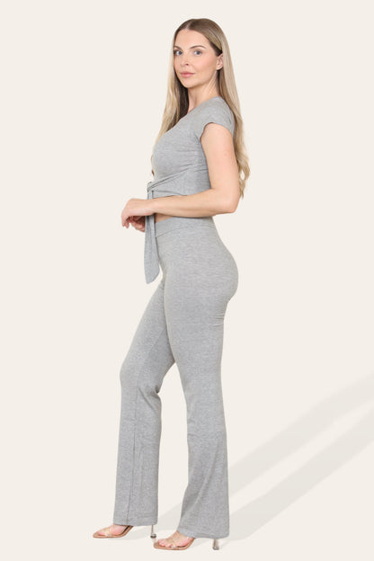 Tie Belt Front Cropped Loungewear Ribbed Trousers Set - Multi Trends