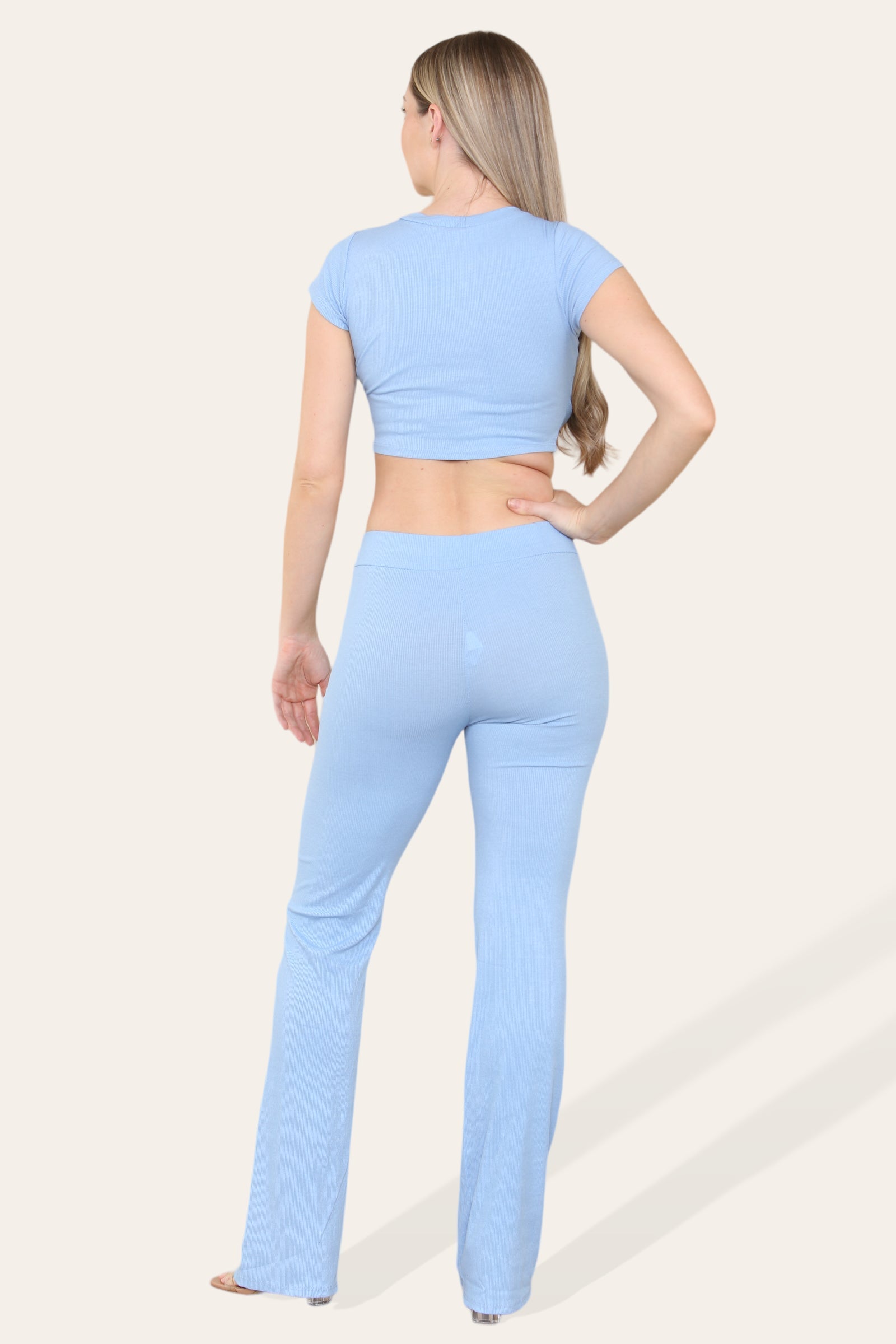 Tie Belt Front Cropped Loungewear Ribbed Trousers Set - Multi Trends