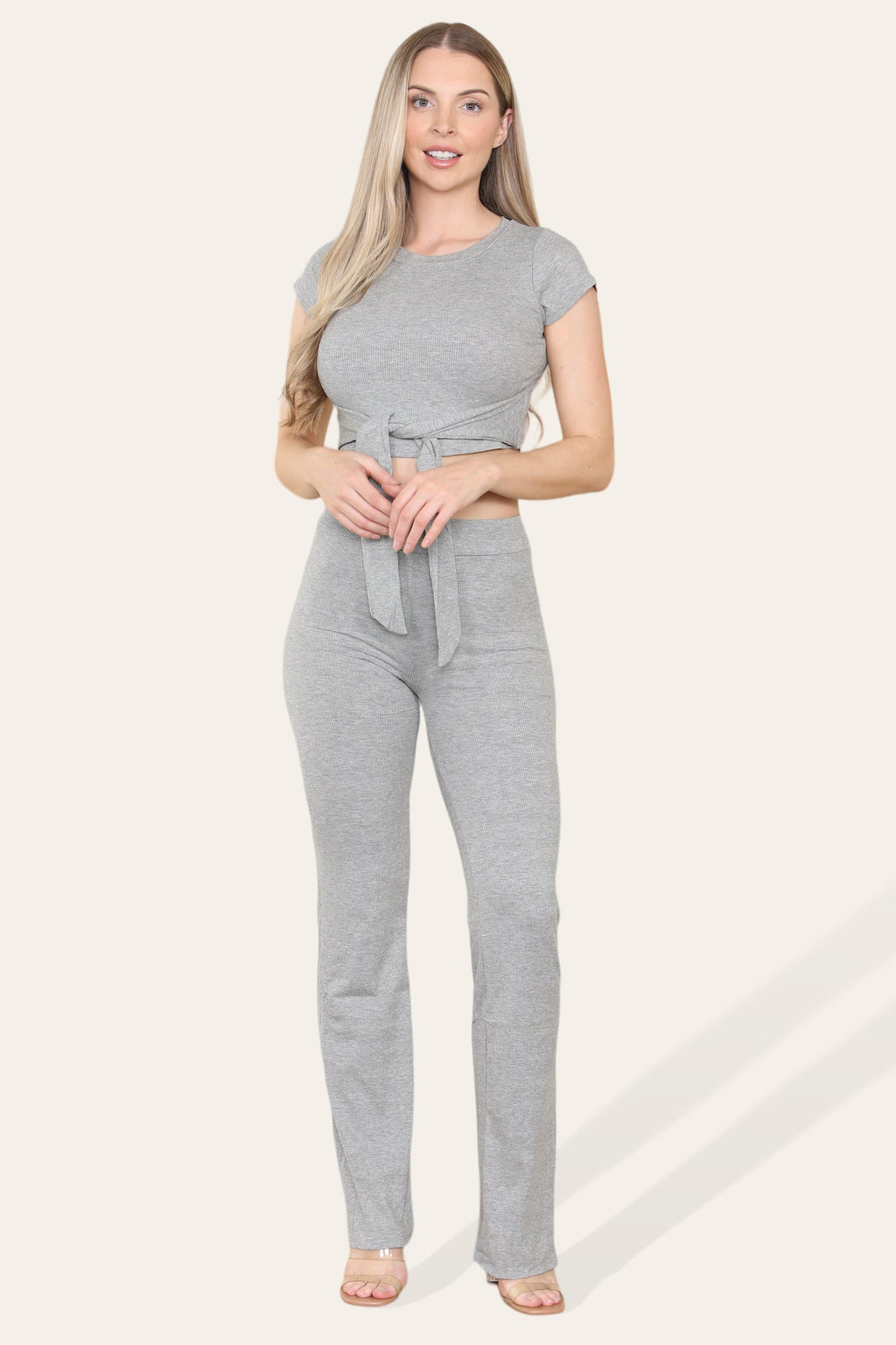 Tie Belt Front Cropped Loungewear Ribbed Trousers Set - Multi Trends