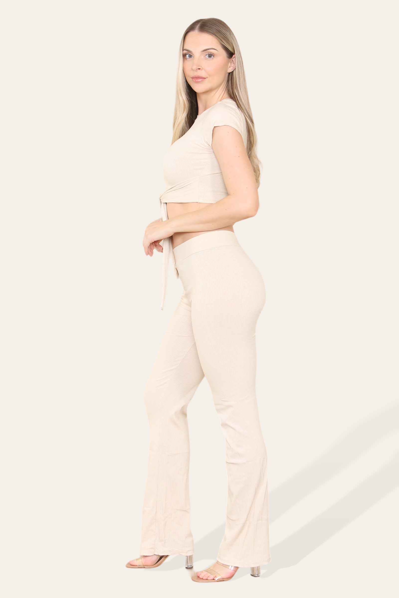 Tie Belt Front Cropped Loungewear Ribbed Trousers Set - Multi Trends